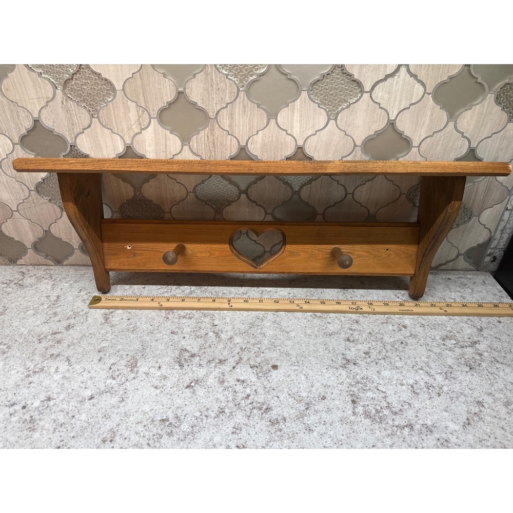 Vintage Wooden Wall Shelf with Heart Cutout and Pegs Rustic Farmhouse Decor